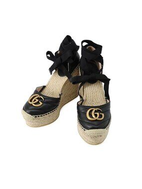 Gucci Sandals GG Marmont Lace Up Espadrilles Wedge Sole 34.5 Shoes Black